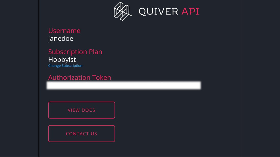 The Quiver API dashboard, showing a subscription plan and authorization token