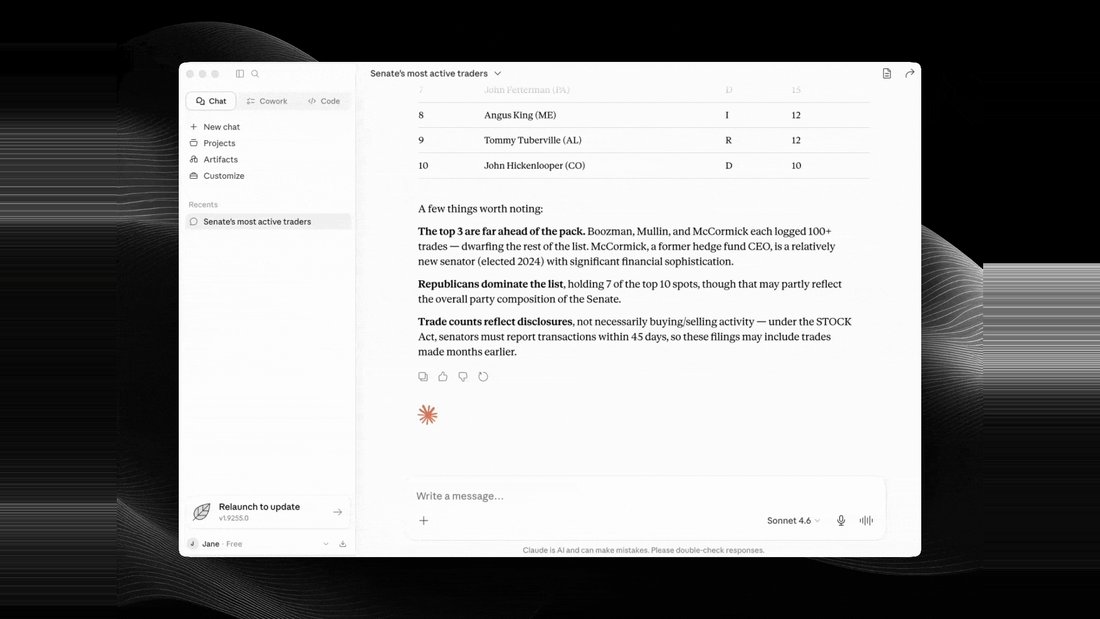 Claude answering a question about Senate trading activity using Quiver data